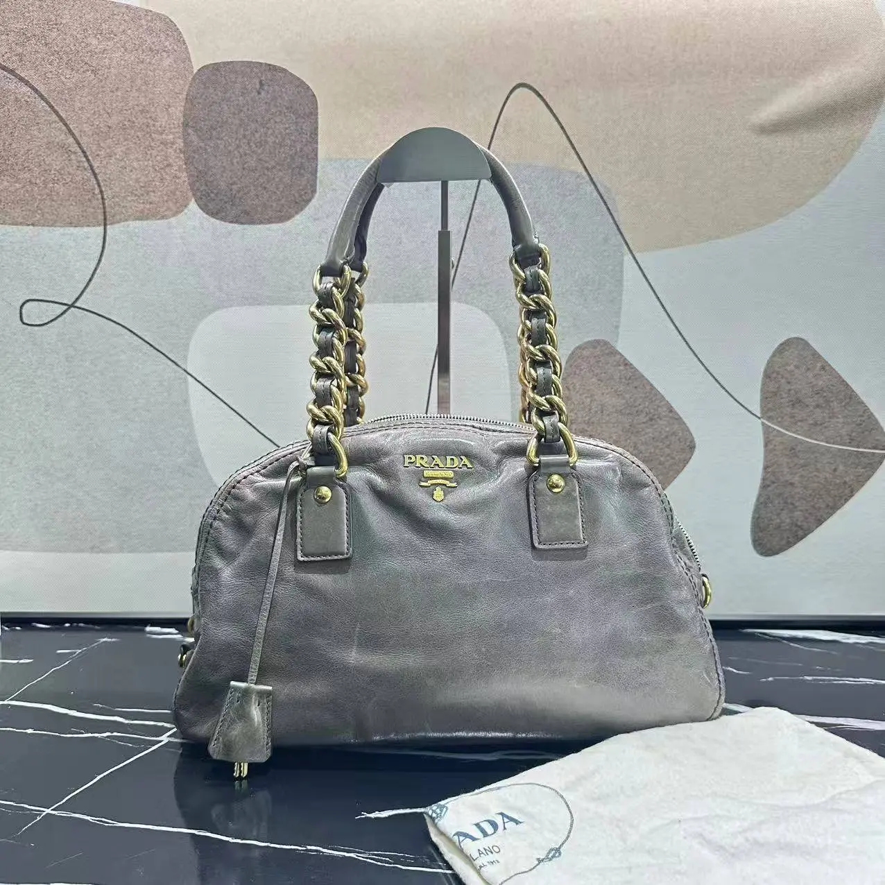 Pre-owned PRADA Calfskin Handbag Diano Chain Grey LNL0130