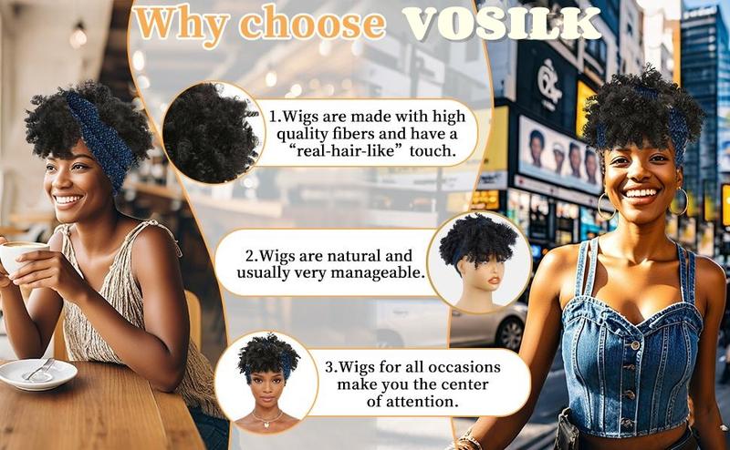 8inch Afro Kinky Curly Headband Wigs with Bangs 2 in 1 Turban Wigs with Headband Attached Premium Heat-Resistant Fibers for Women wrap strap