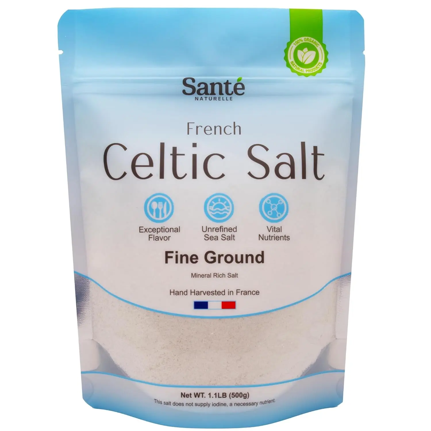 Sante Naturelle Celtic Salt Organic Fine Ground - 1.1lb (18oz) Unrefined French Mineral Sea Salt Organic, Rich in 82+ Minerals,Natural & Hand Harvested Sal Celtica