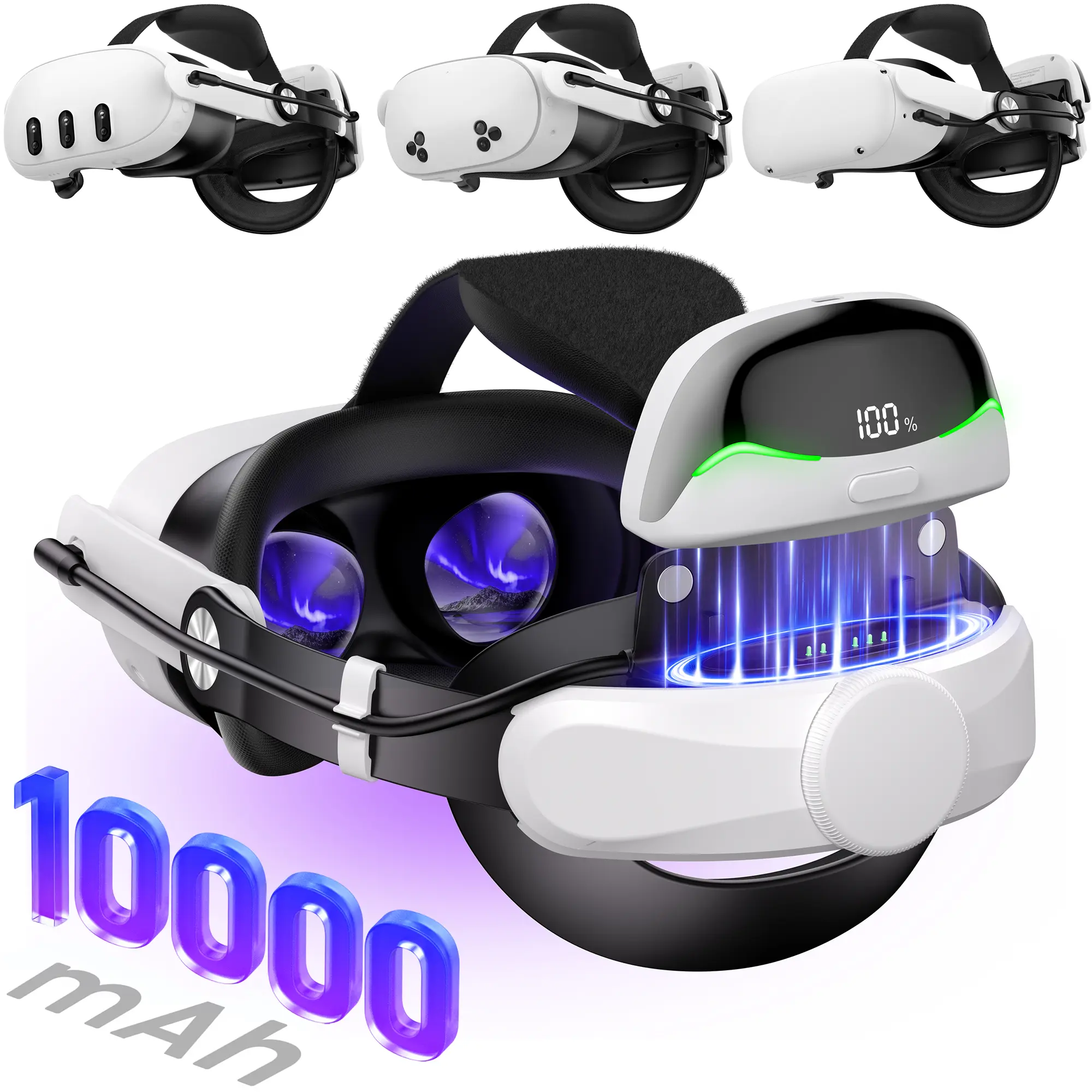 BEBONCOOL 10000mAh Plastic Magnetic Battery Elite Strap VR Accessories for Meta Quest 2/3/3S VR Devices, Adjustable Overhead Headband with Quick-Adjust Dial, 45° Flip-Up Hinge, Removable Comfort Cushions, Connectors & Charging Cable