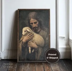 [NO FRAME] Good Shepherd Art, Christian Home Decor, Vintage Jesus Poster, Religious Lamb Print, Rustic Farmhouse Painting, Printed and Shipped