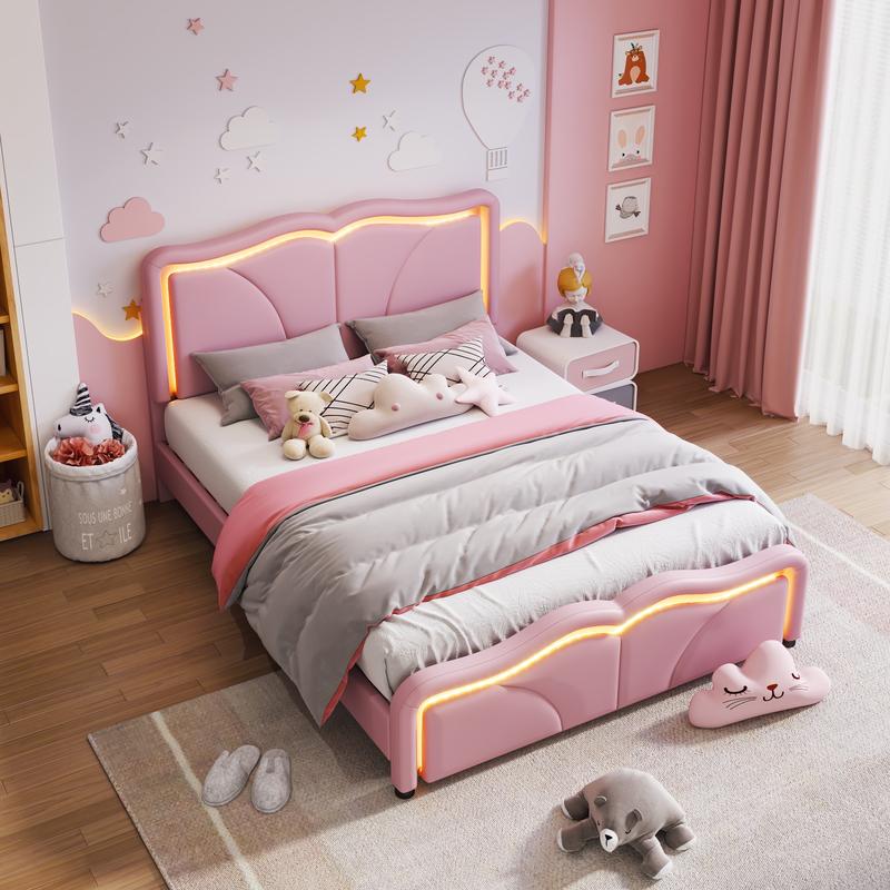 Bellemave Upholstered Platform Bed with Curve Shaped Height-adjustable Headboard LED Light Strips Kids Bed Solid Pine Wood MDF Stable Structure Easy Assembly