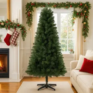 6FT Unlit Artificial Christmas Tree with 490 Tips PVC Full Branches Classic Green Holiday Tree 4-Leg Plastic Stand for Indoor Home Decoration Lightweight Flame-Retardant PVC Manual Assembly Stable Stand