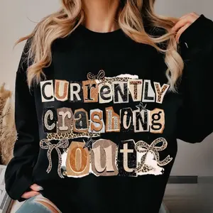 Currently Crashing Out Girly Leopard Funny Quote Sweatshirt, Preppy Bow Sassy Sarcastic Shirt, Adult Humor Tee