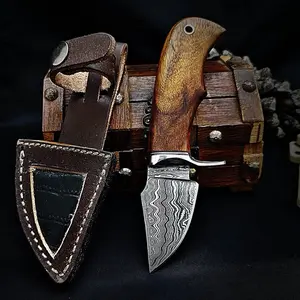 Damascus Steel Knife with Leather Sheath, Fixed Blade, Skinning, Non-Slip Wooden Handle, For Camping, Survival EDC, Best For Outdoor, Anniversary Gift, Gift for Husband Durable