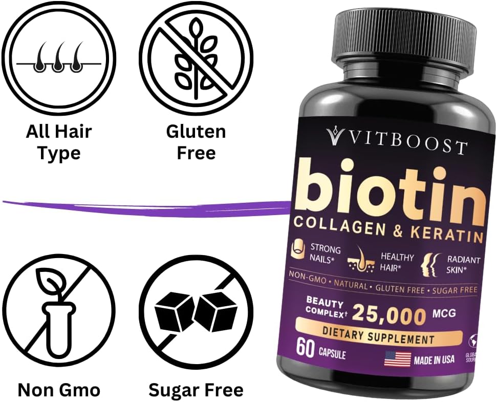 VITBOOST Biotin with Collagen, Keratin – Hair Growth (Men Women) – Nails, Skin, 60Count Healthcare Supplement Collagen Vitamin Fitness Dietary Edible