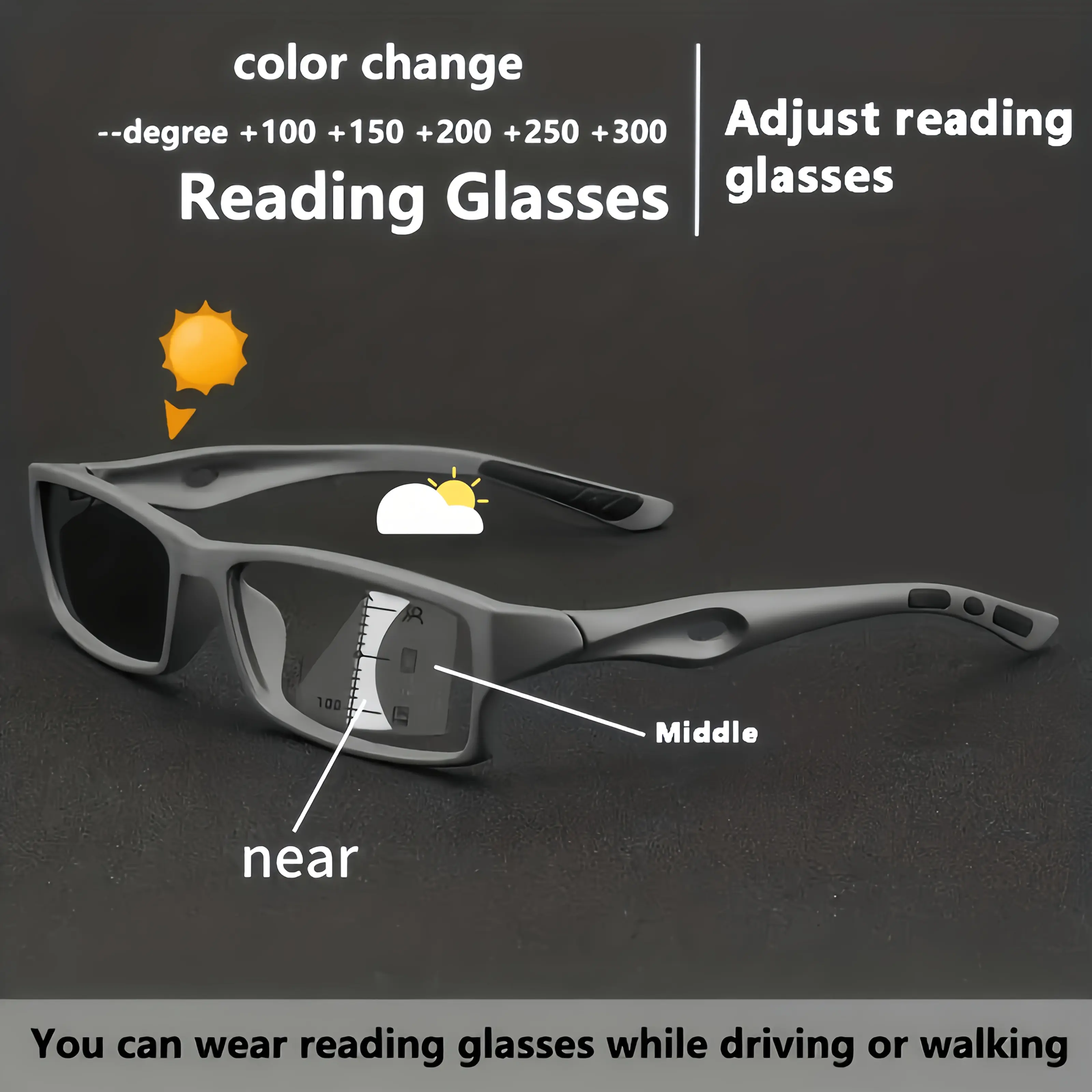 Unisex Progressive Reading Glasses with Photochromic Multifocal Lenses, Lightweight Sporty TR90 Frame, UV Sun Protection for Outdoor Driving