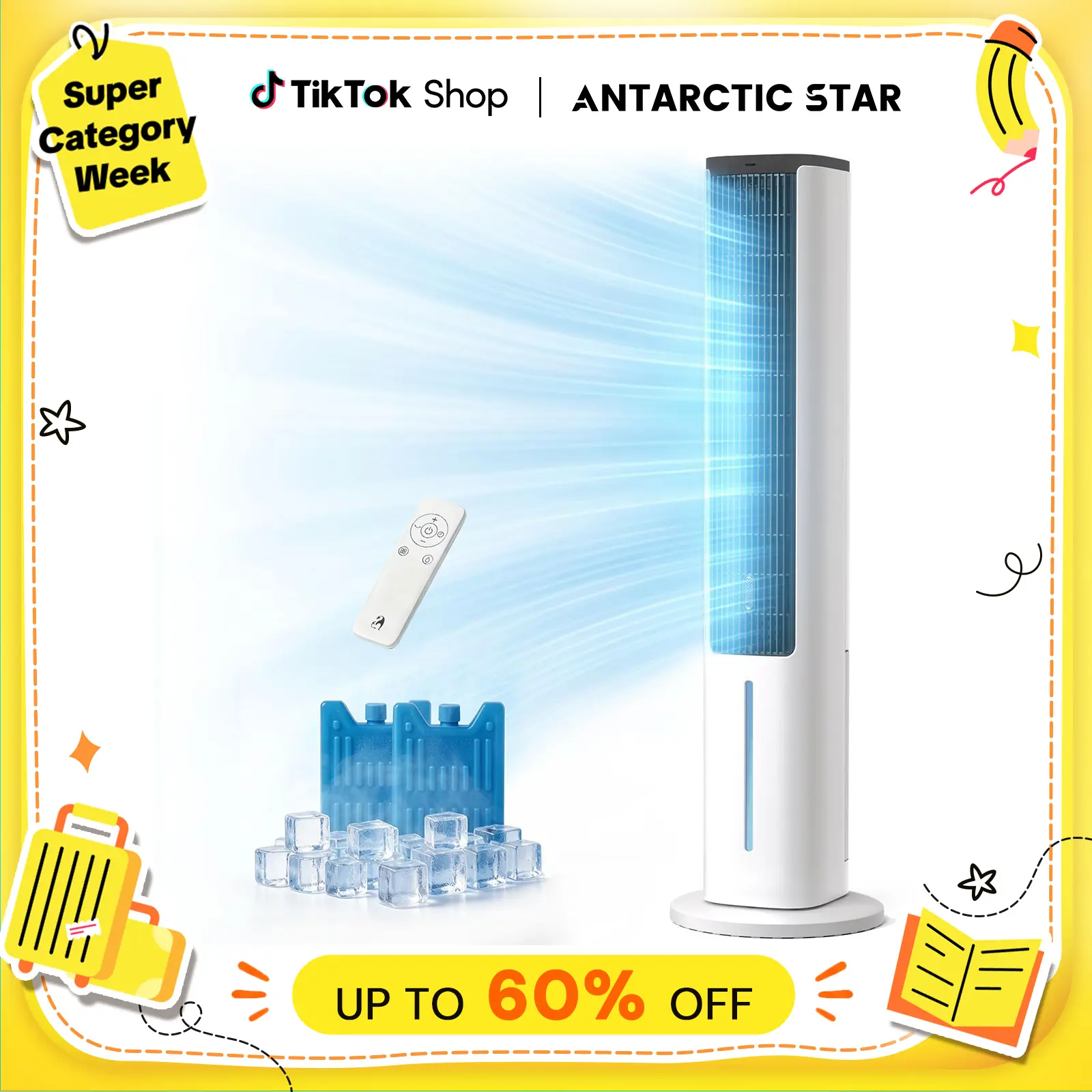 【BackToSchool】Antarctic Star Evaporative Air Cooler, 40" Standing Fans that Blow Coold Air, 80° Oscillating Bladeless Cooling Fan for Bedroom, 5L Removable Water Tank, 15H Timer, 4 Speeds + 3 Modes, Aromatherapy Box, Remote Control,tiktokshopbacktoschool,