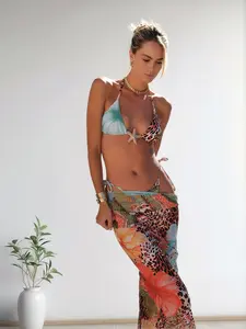 Three-piece Suit Suitable for Beach Stylish Bikini Set with Floral & Leopard Print Sarong for Summer Beachwear clothing tankini swimsuit tropical Split solid color tankini set