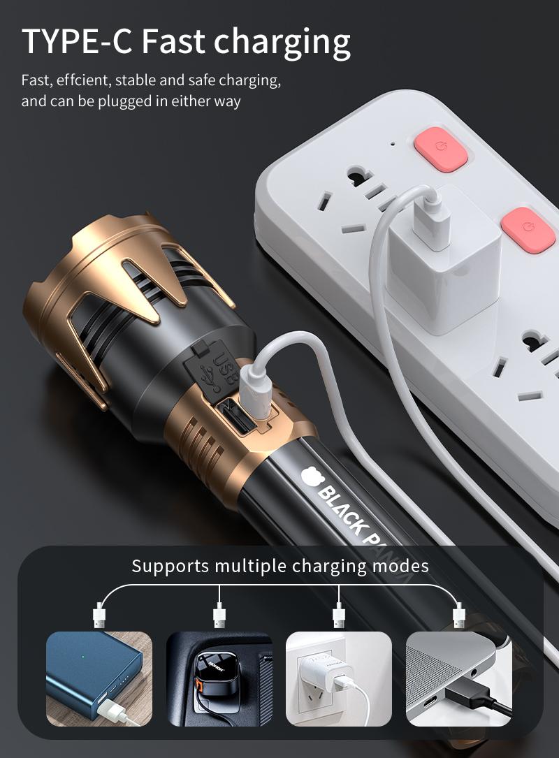 Black Panda Pro High-Brightness Rechargeable Camping Flashlight, Outdoor Searchlight, 5500mAh Battery Capacity, Water resistant , USB Charging, Zoomable Focus