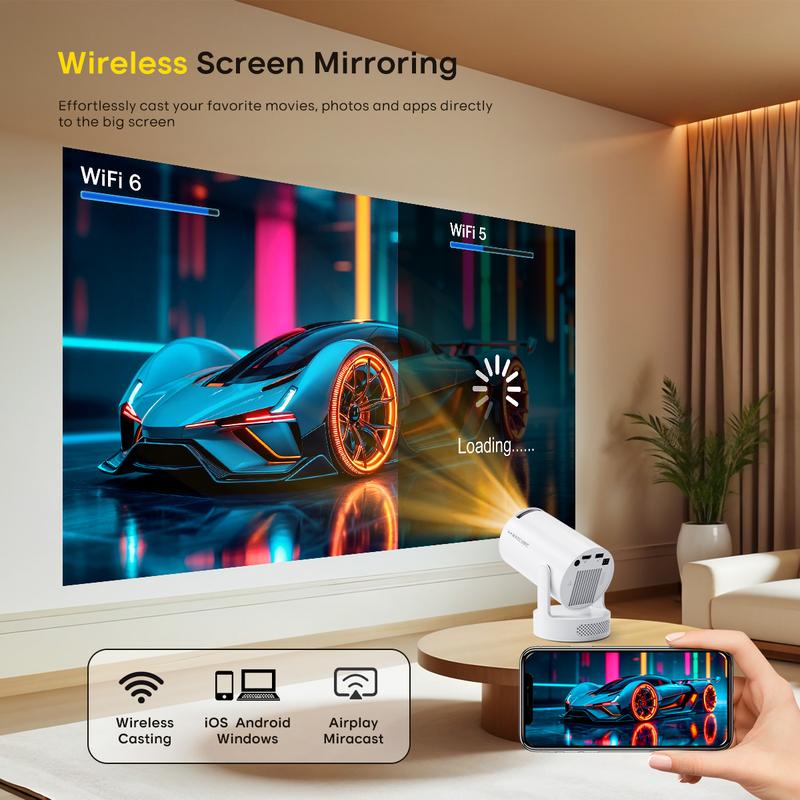 Mini Projector HY300Pro+ with 8K/4K/1080P Decode 290ANSI Lumens Auto Keystone Correction Built-in 5W speaker Dual WiFi6 Wireless BT5.4 Android 14 Native 1280*720P for Home Cinema Portable Movie Theater
