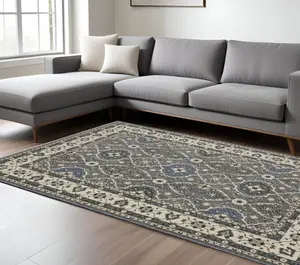 HomeRoots 574931 10 x 13 ft. Oriental Rectangle Area Rug with Fringe, Blue & Gray