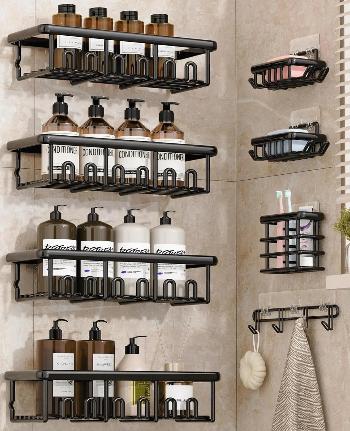 8-Pack Black Adhesive Stainless Steel Rustproof Modern Bathroom Shower Organizer Set - No-Drilling Installation, Durable Large-Capacity Caddies, Shelves, Soap Dishes, Toothbrush Holder, Hooks, Wipe-Clean for Bathroom Storage, Bathroom Gadget, Adhesive Tap