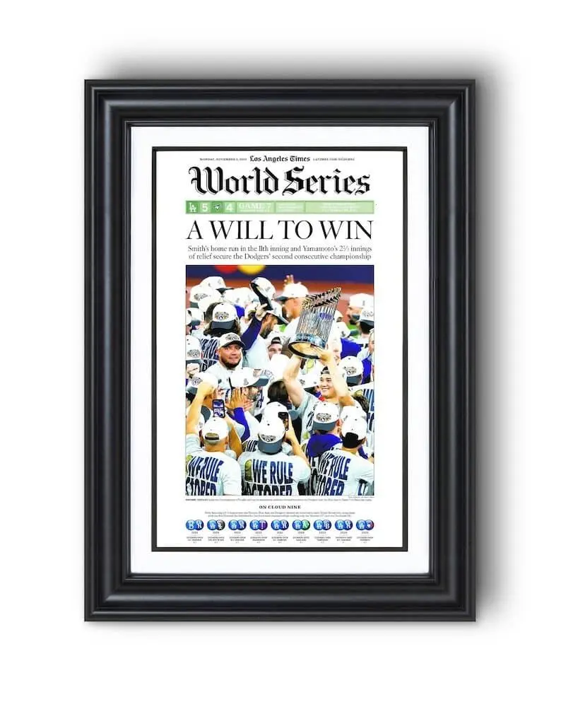 2025 Los Angeles Dodgers "A Will to Win!" World Series Game 7 Champions Newspaper Poster.