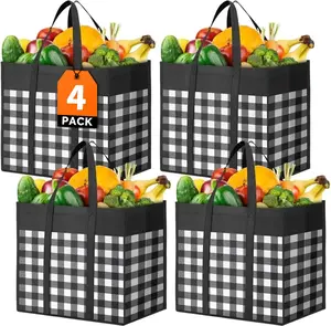 4-Pack Reusable Grocery Bags, Foldable Reusable Shopping Tote Bags bulk with Reinforced Handles,Large Storage Bags with Water Resistant Coating for Groceries,Multipurpose,Black-White