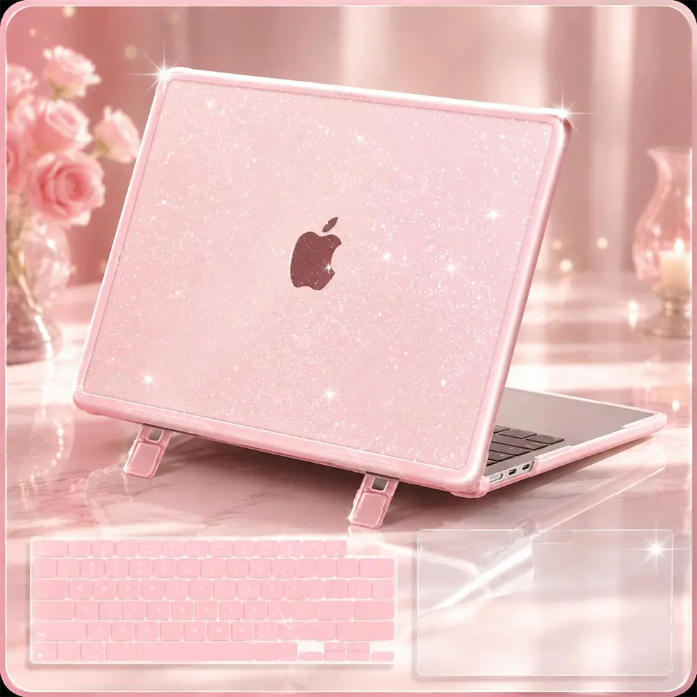 MOSISO 3-in-1 Hard Protective Laptop Case with Built-in Fold Kickstand - Sparkly Glitter, Drop-Proof, Ventilated, Full Coverage Shockproof Cover for 13in MacBook Air (2022-2026 M2,M3,M4,M5;A2681,A3113,A3240,A3449) Computer, Study-Friendly, Pink, Drop Proo