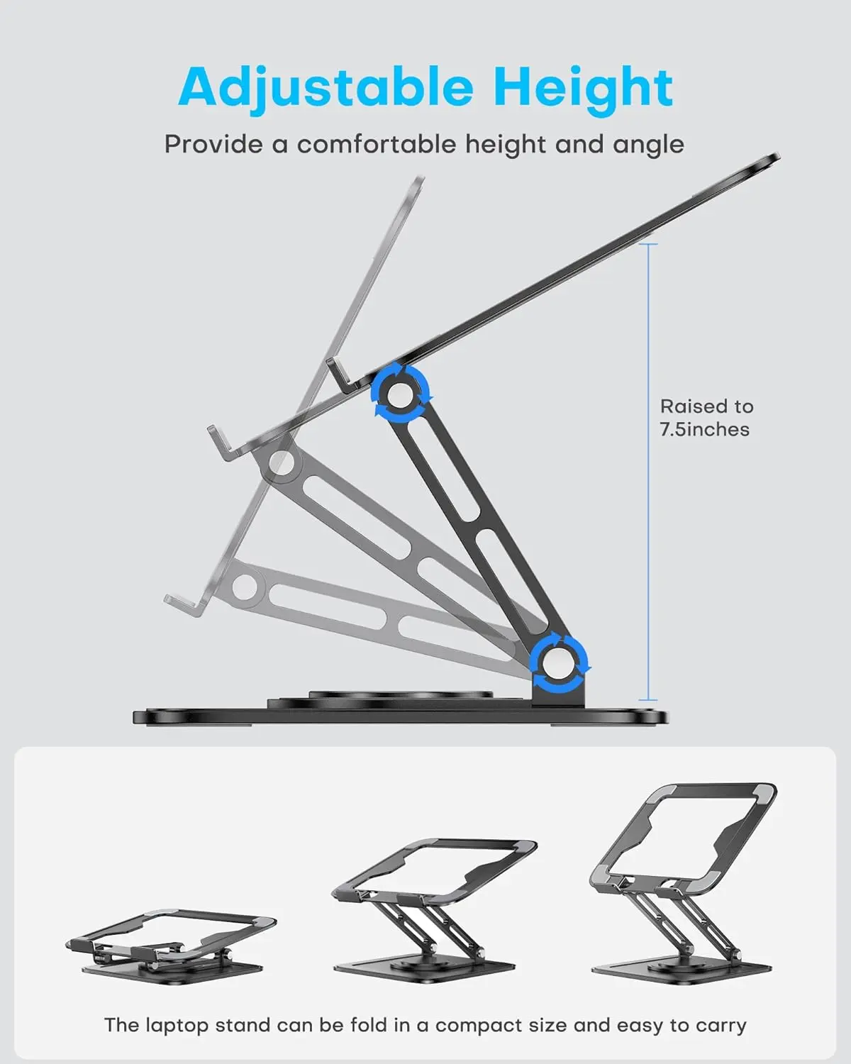 360° Rotating Foldable Laptop Stand, Ergonomic Fiber‑Metal Laptop Riser with Adjustable Height & Non‑Slip Silicone Pad, Portable Computer Holder Fits 10‑16 Inch Laptops for Home Office & Travel