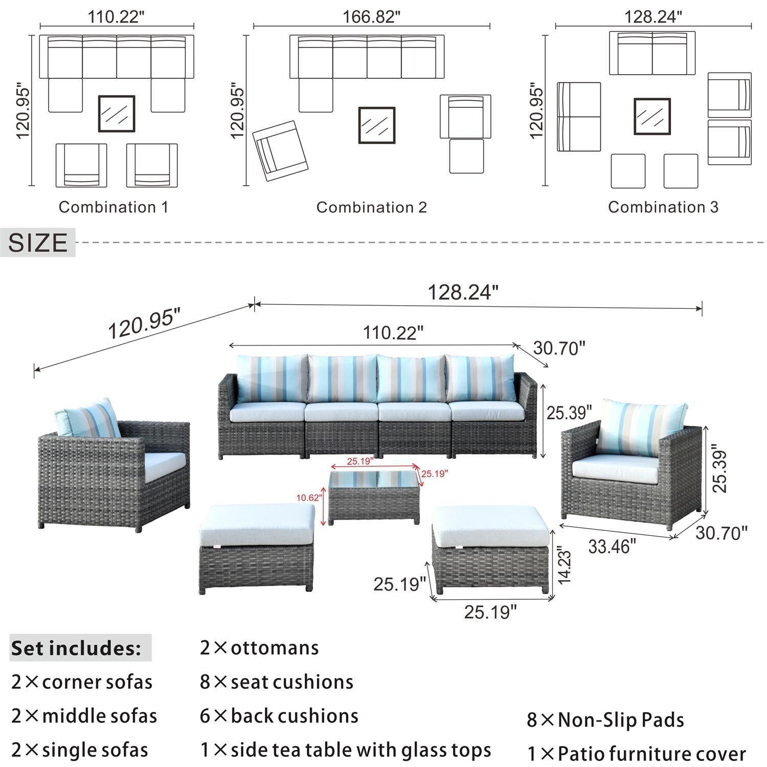 Ovios Outdoor Furniture Bigger Size 9-Piece with Grey Sunbrella, Fully Assembled, King Series, with 2 Chairs