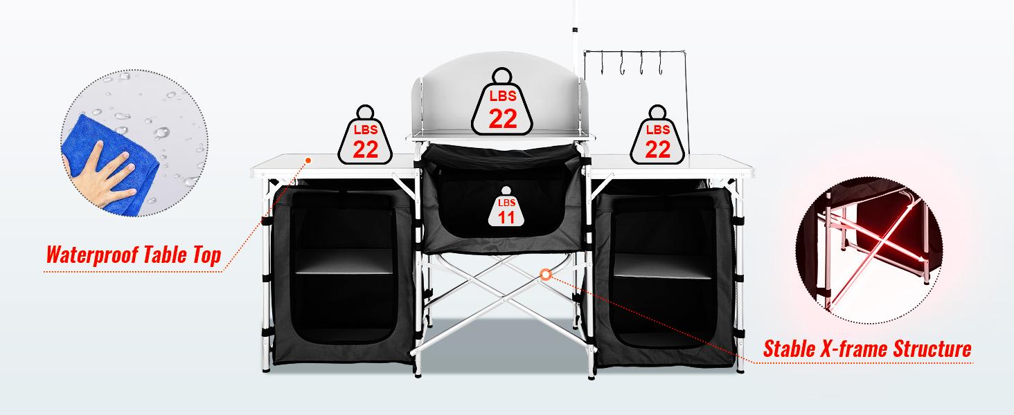 VEVOR Camping Kitchen Table, TikTokShopBlackFriday, Folding Outdoor Cooking Table with Storage Carrying Bag, Aluminum Cook Station 3 Cupboard & Detachable Windscreen, Quick Set-up for Picnics, BBQ, RV Traveling