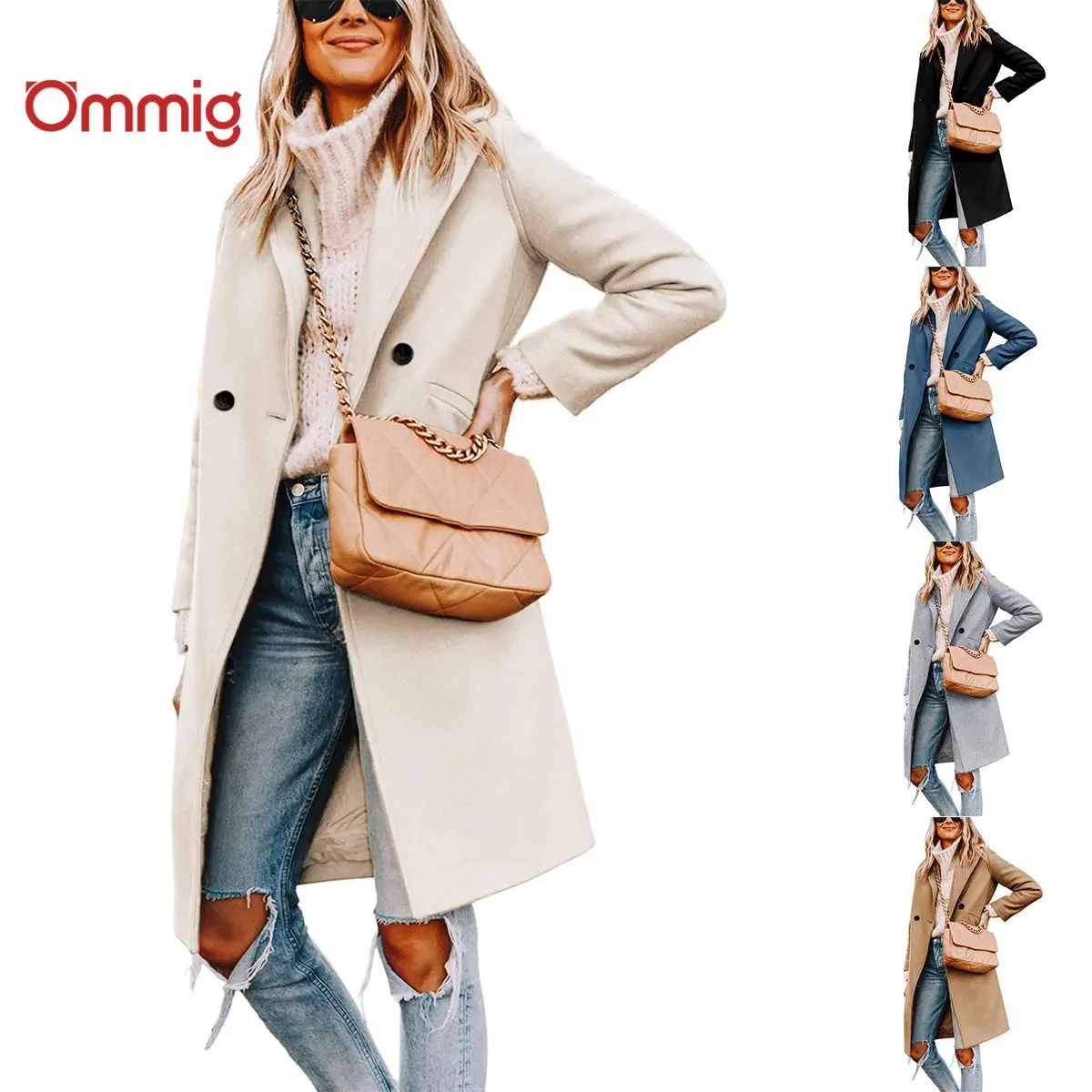 Ommig Women's Elegant Double-Breasted Wool Blend Trench Coat, Soft Slim Fit Mid-Long Winter Business Outerwear, Jackets, Longsleeves, Looks Great With Winter Outfits, Tops