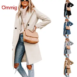 Ommig Women's Notch Lapel Double Breasted Wool Blend Mid Long Pea Trench Coat