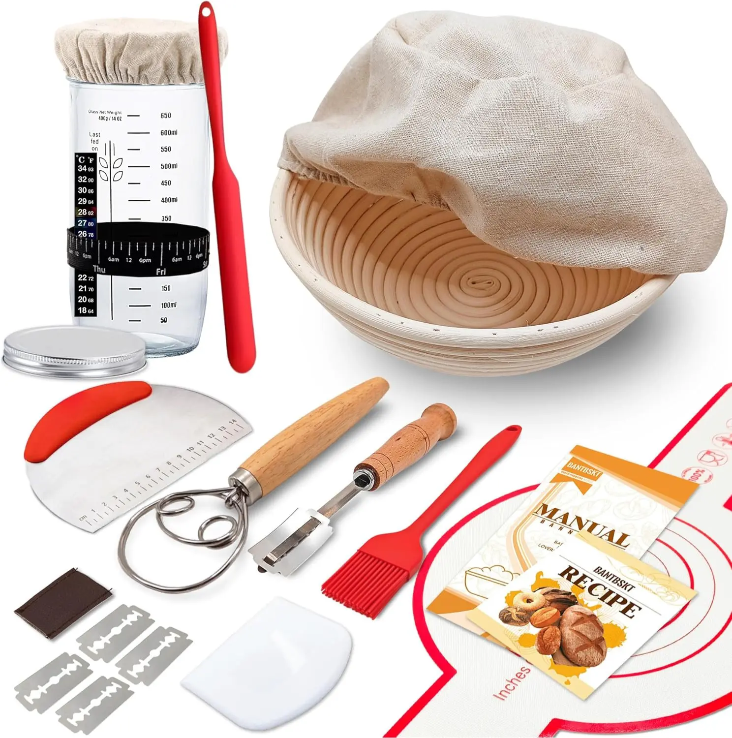 Complete Sourdough Starter Kit, Banneton Bread Proofing Basket with Glass Sourdough Starter Jar, Sourdough Bread Baking Supplies, 9'' Round Bread Proofing Basket, for Bread Making Baking Fermentation