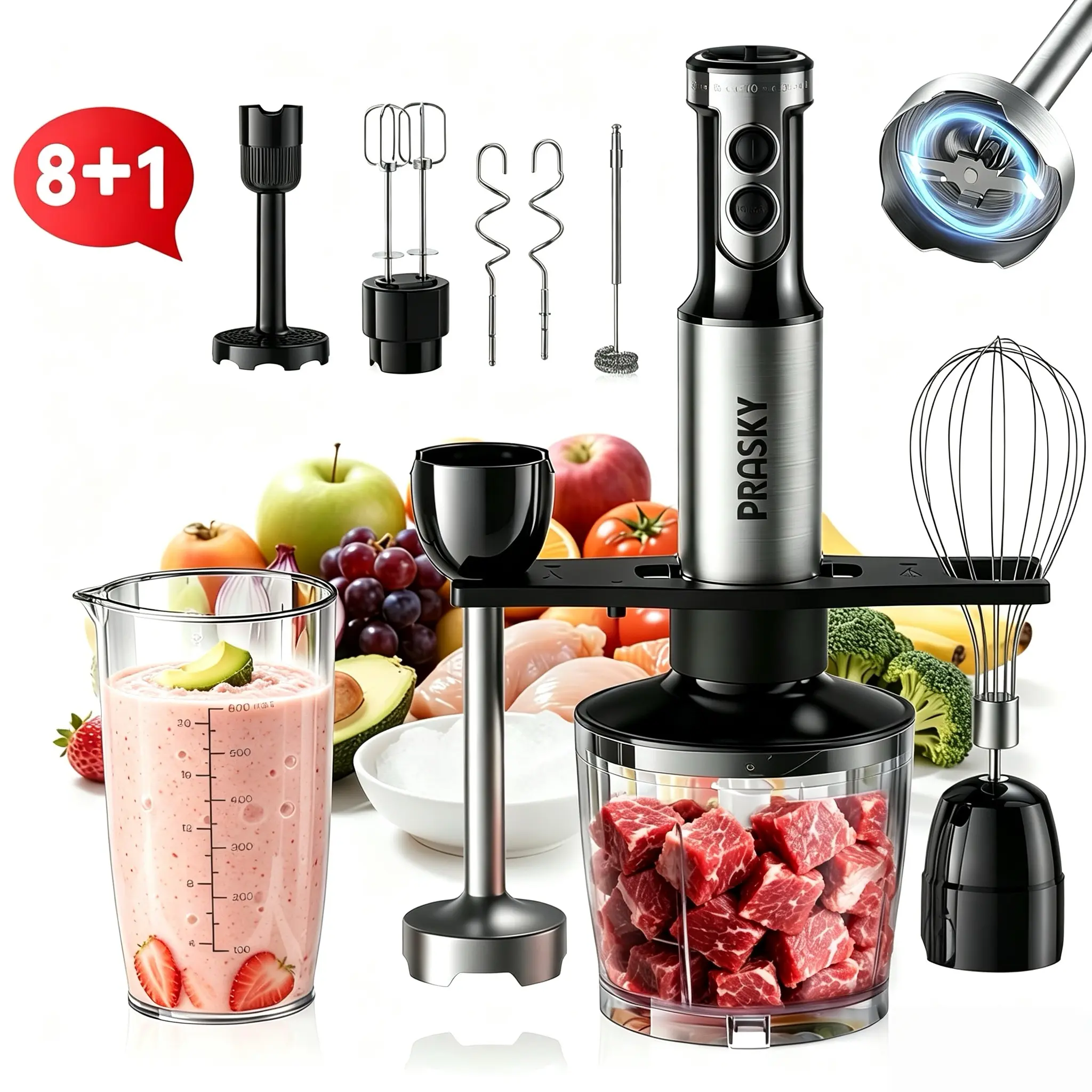 PRASKY 9-in-1 Hand Blender 1000W | Ice Crusher, Smoothie Maker, Egg Beater, Milk Frother & Chopper | 20-Speed Immersion Stick Mixer with Cup & Bowl | BPA-Free, Stainless Steel Blade  #dealsforyoudays tiktokshopbacktoschool