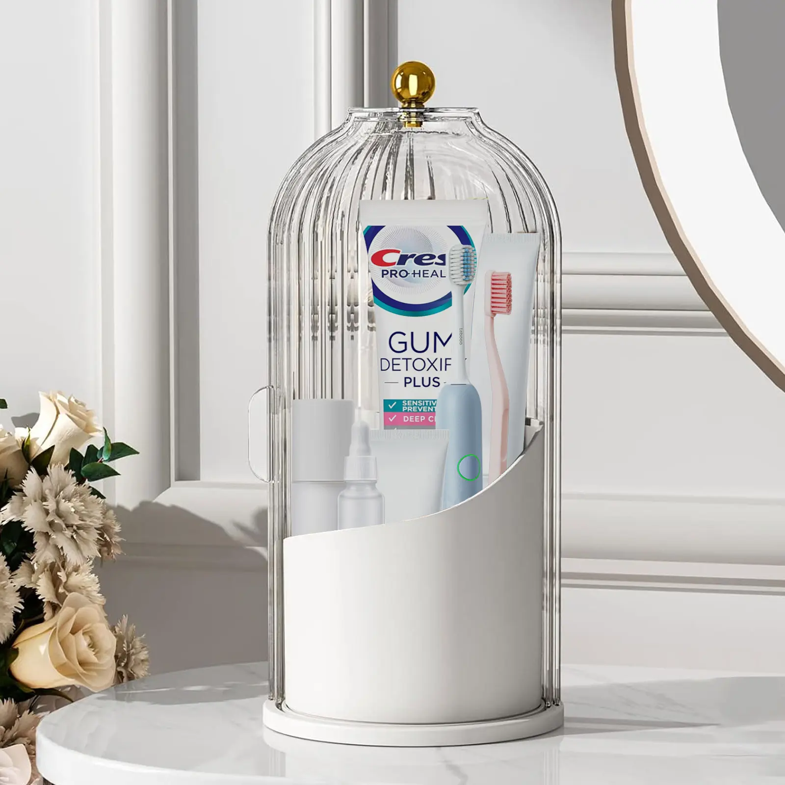 Summerwins 360-Degree Rotating Tooth Brush Holder for Bathroom - Transparent Door Lid, Easy Access Protector, Adjustable Portable Vanity Organized Storage Container (1 Count)