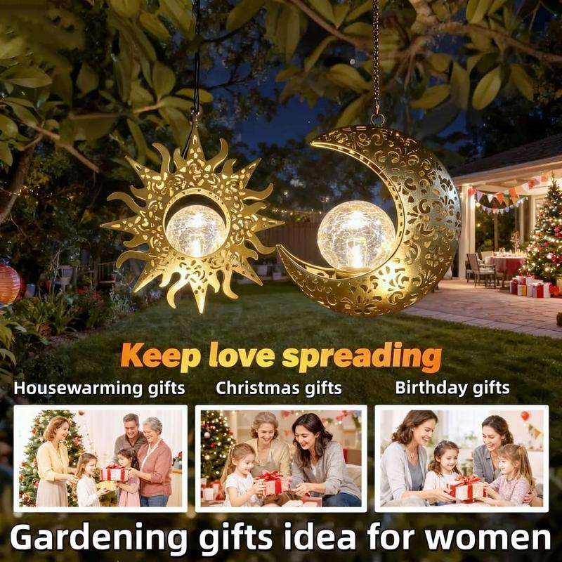 BougeRV  Solar Hanging Sun & Moon Lights Set for Outside, Metal Lanterns Pierced Carving Soothing Lamp, Large Decorations for Yard Garden Patio Proch Tree Wall, Christmas Gifts for Women Mom