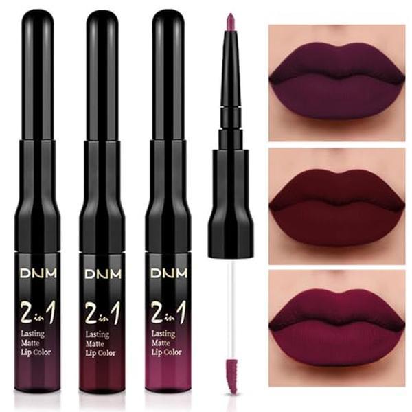 evpct 3Pcs Dark Red Purple Plum Matte Lipstick and Lip Liner Set for Women Matte Burgundy Lip Tint Stain Long Lasting Waterproof, Black Cherry Blood Red Mauve Brown Gothic Goth Lipsticks Makeup