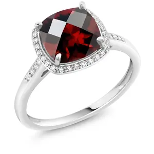 Gem Stone King 2.40 Ct Cushion Checkerboard Red Garnet 10K White Gold Engagement Ring with Accent Diamonds