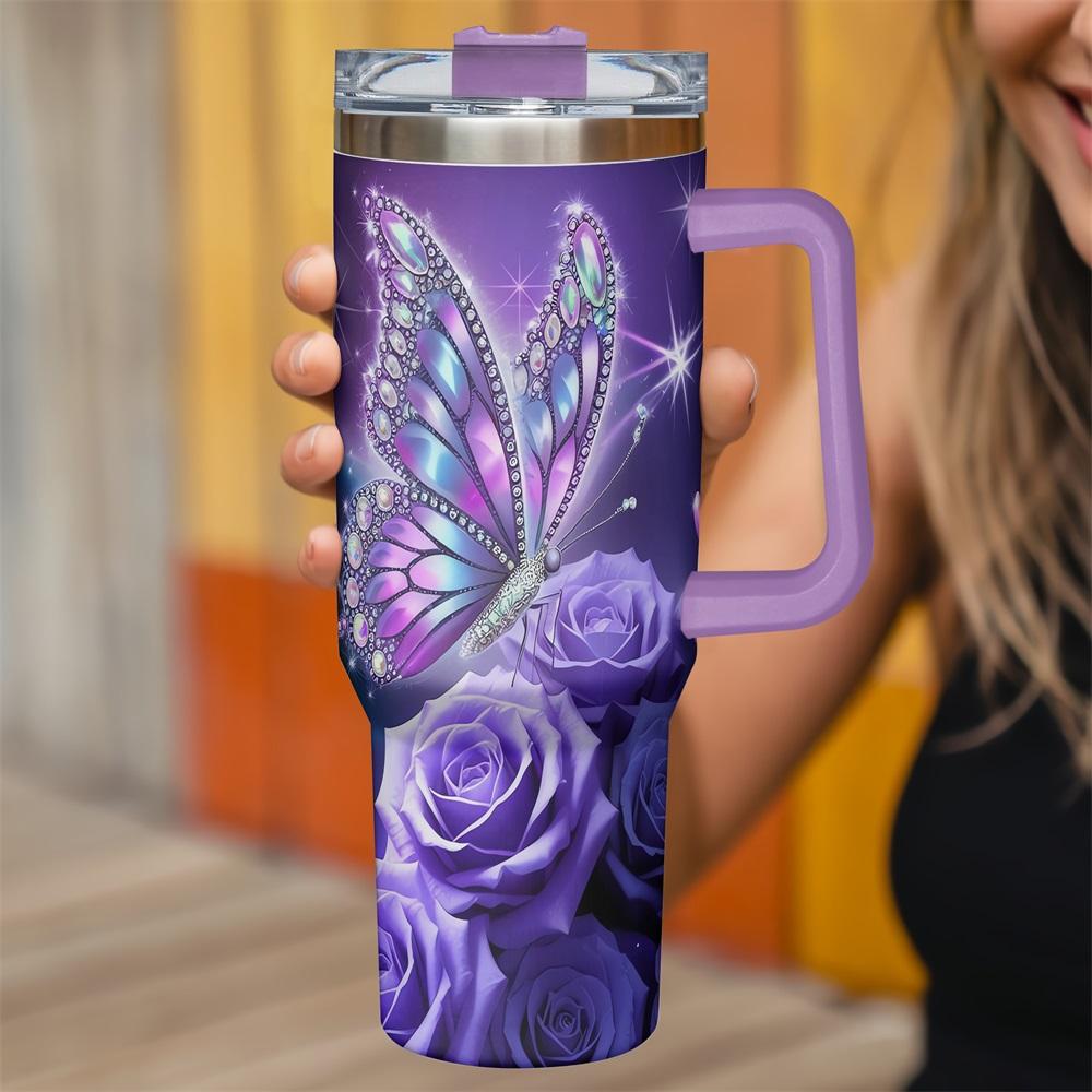 White 40oz Stainless Steel Butterfly & Rose Pattern Tumbler - Vacuum Insulated Drinkware with Lid, Grip Handle, Single Unit Vacuum Flask, Gift for Birthdays or Special Moments for Family, White（With Grip Handle And Lid）
