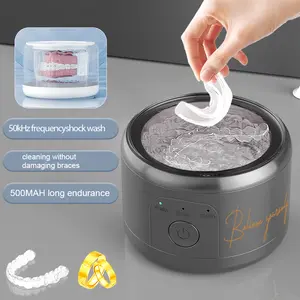 USB Rechargeable Oral Ultrasonic Denture Cleaning Case with 48kHz Vibration for Deep Cleaning of Braces Retainers Aligners Compact Design for Home Travel Cordless One Button Operation