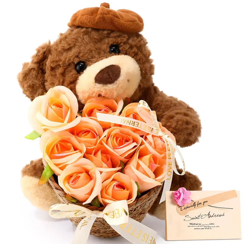Plush Stuffed Animal Bear Gift Set (12.2*9.45*8.66 inches) with Rose Flower Bouquet, Greeting Card, Transparent Box, String Light - Plushies Party Favor, GF Gift for Birthday Anniversary Festive Supplies