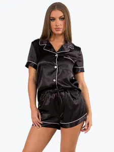 Plus Size Ophelia Satin Piped Short Sleeve PJ Set