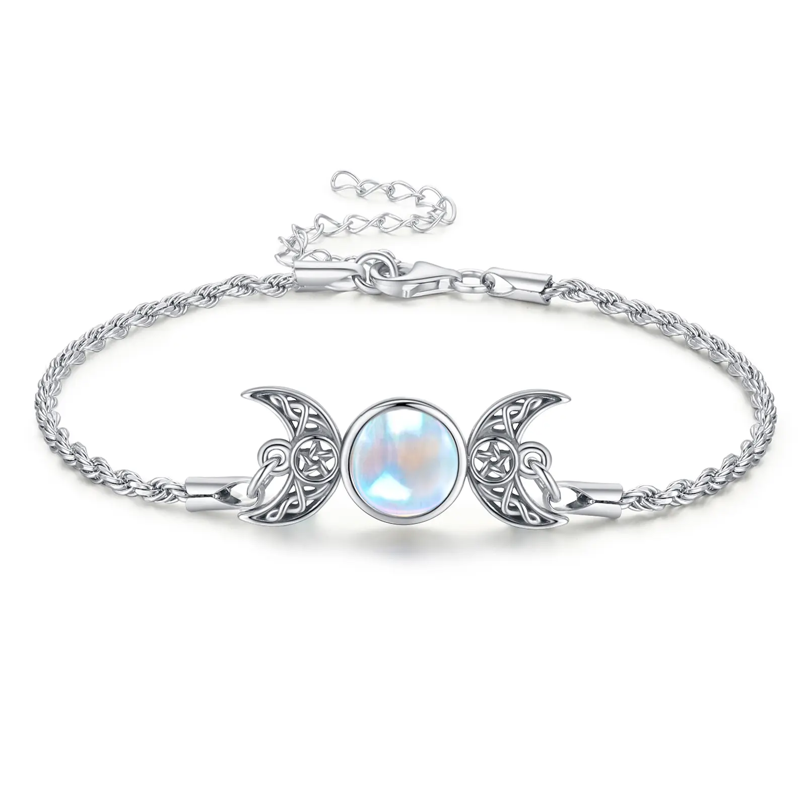 DRINSPER Moonstone & 925 Sterling Silver Elegant Bracelet, Hecate Triple Moon Goddess Bracelet, Artificial Moonstone, Pagan Wiccan Amulet Bracelet, Artificial Moonstone,Fashion Celtic Knot Crescent Moon,Elegant Jewelry Accessory for Women Girlfriend Girls