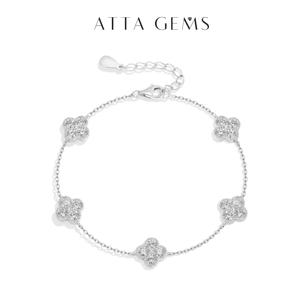 ATTAGEMS Four Leaf Clover 3.0MM Round Cut Lab-Created Moissanite Bracelet for Women Girls S925 Sterling Silver Bracelet Anniversary Gift Lucky Jewelry Daily Wear B083 tiktokshopbacktoschool
