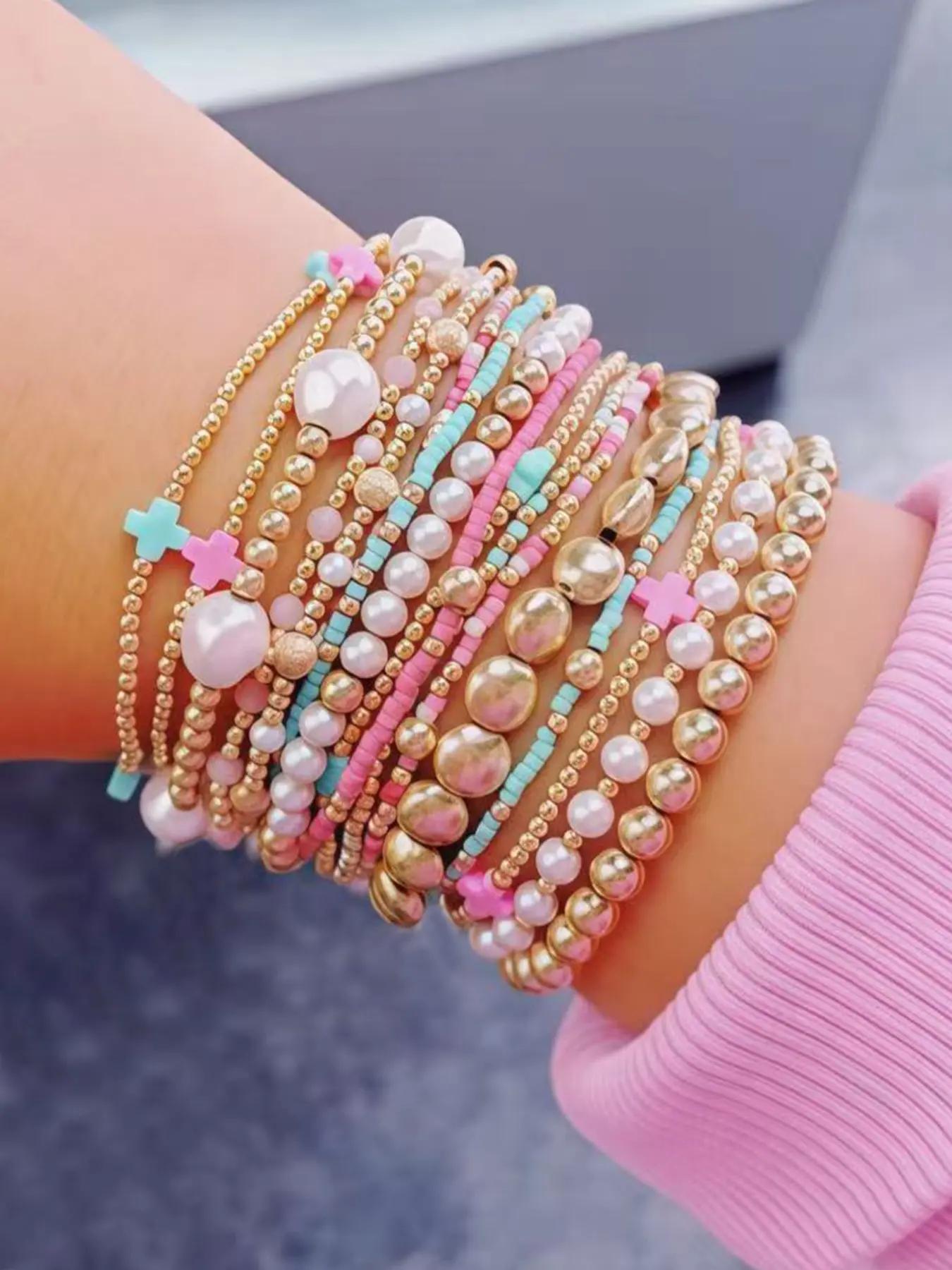 13-Piece Women's Cross Bracelet Set, Colorful CCB Beads, Faux Pearl Layered Elastic Bracelet, Birthday Gift, Multilayered Design, Beaded Bracelet Sets, Bracelets Stack