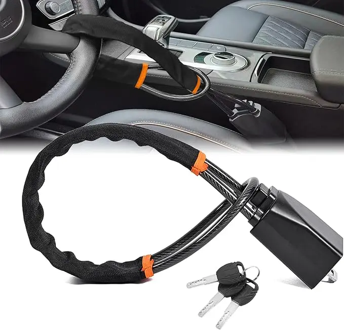 DualGuard Car Steering Wheel & Seat Belt Lock - 17" Universal Anti-Theft Device for Vehicles, SUVs, Golf Carts | Compact & Lightweight Security Lock with Multi-Function Keys (Black)cars accessories