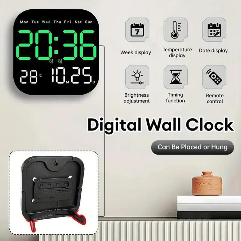 Intelligent Large Screen Digital Living Room Wall Clock with Remote Control, Battery Powered LED Wall Clock with Calendar Time and Temperature Display, Valentine's Day Gift, LED Alarm Clock, Digital Clock Decor