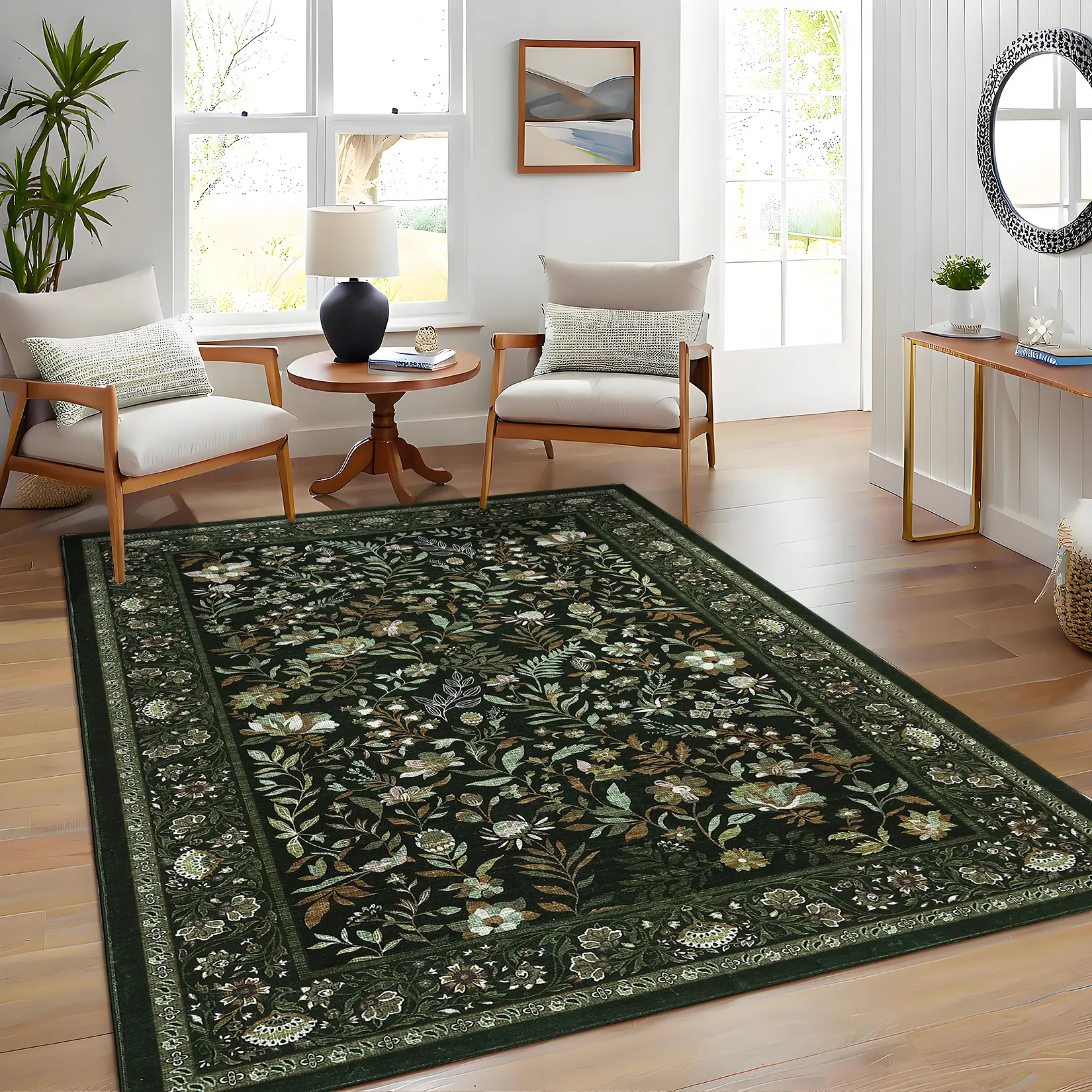 Washable Short Pile Botanical Print Decorative Rug, Foldable Floral Pattern Rug for Living Room Decor, Indoor Floor Cover to Light Up Your Space (Farmhouse Style), Living Room Rugs, Home Decor