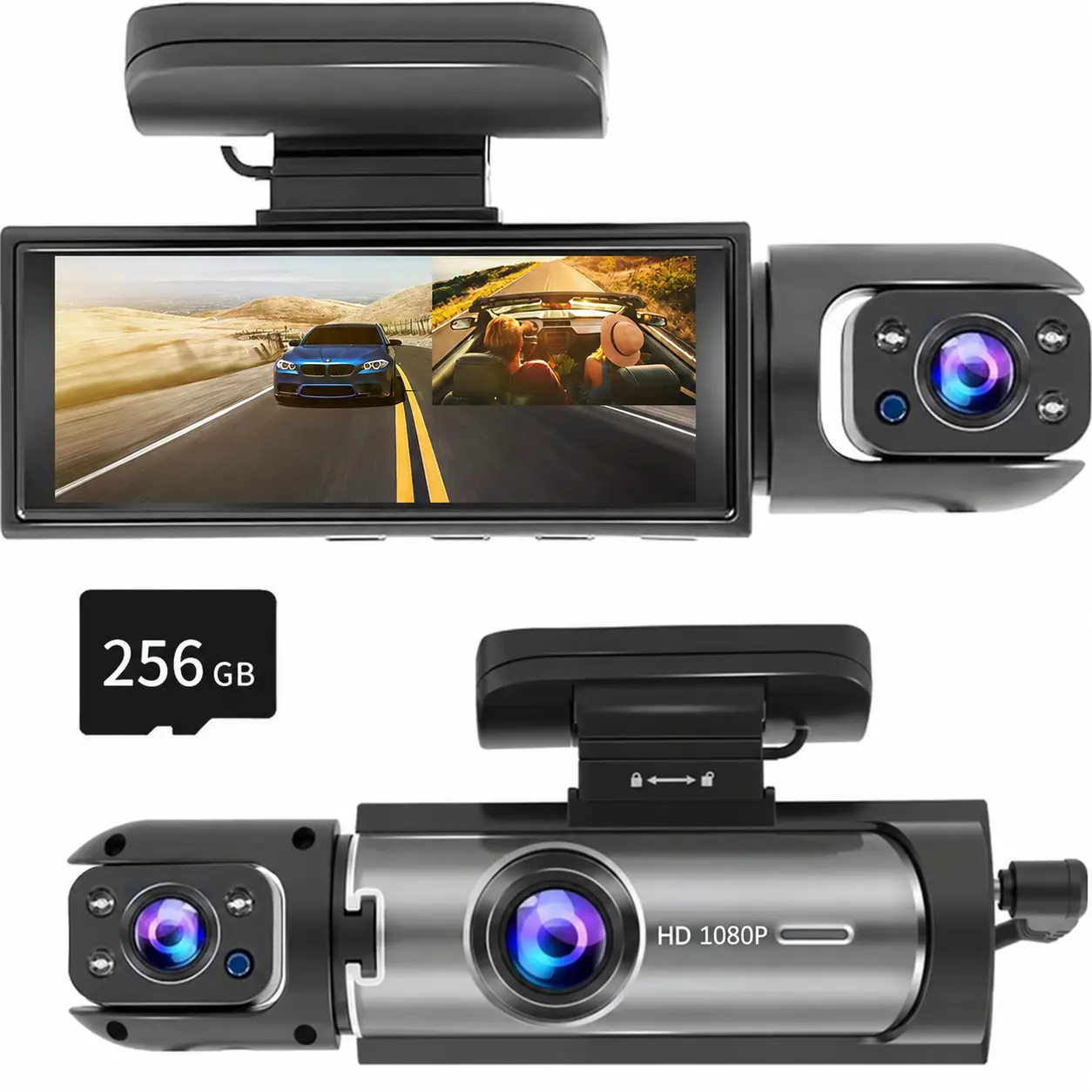 2-Channel Car Dash Cam with 256GB Card, Front/Cabin/Rear Cameras, 3.16” HD Screen, Infrared Night Vision, G-Sensor, Motion Detection, Seamless Loop Recording, Auto Accessories for Driving Safety, Dashcam, Triple Camera