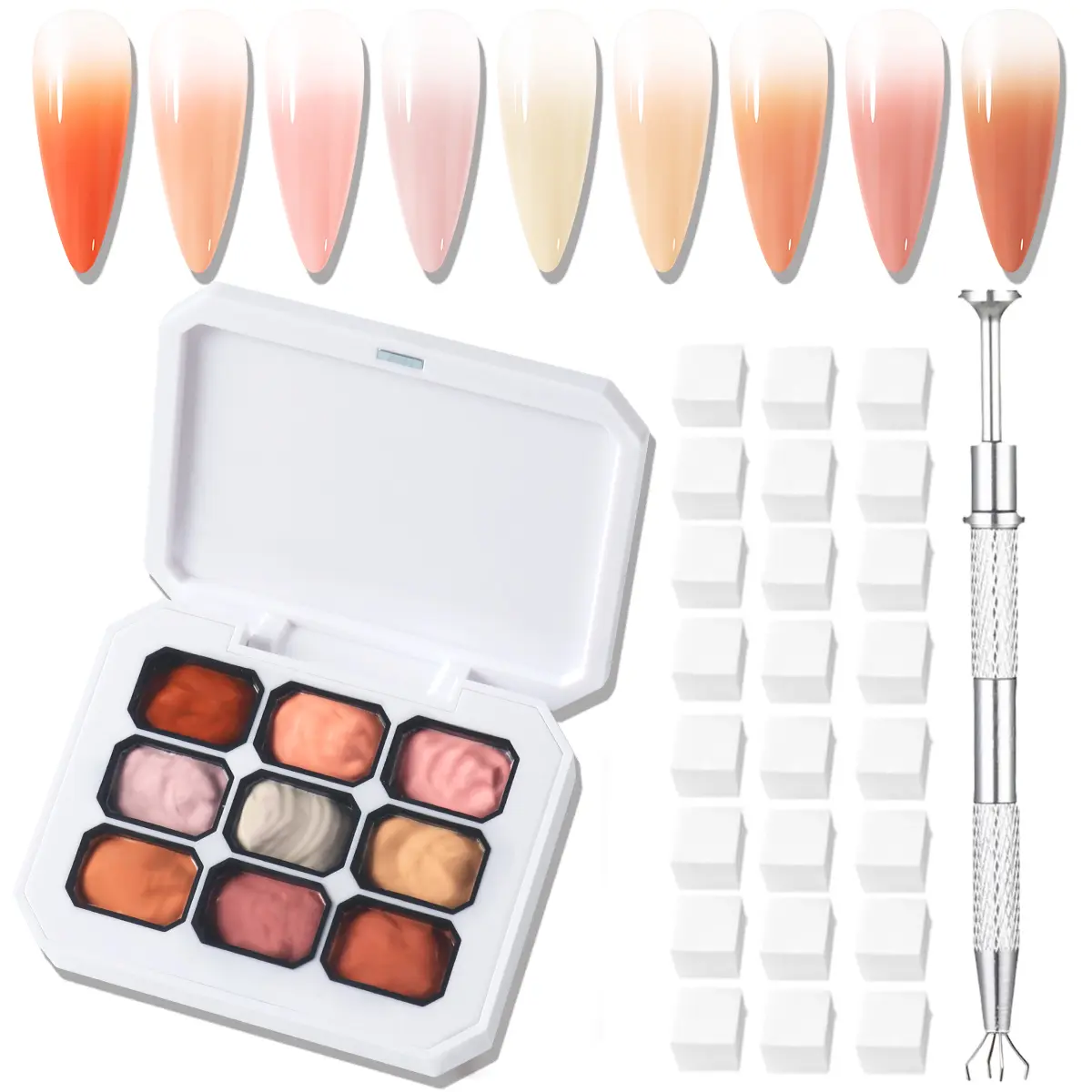 9-Color Patting UV LED Soak-Off Ombre Manicure Kit, High-Pigmented Gradient Aura Nail Art Set with Sponge Blocks & Grippers, Long-Lasting Fingernail Polish for Beginner Home Salon DIY Nail Care Cosmetic