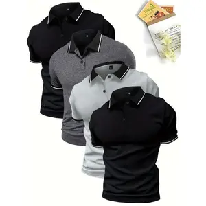 4-Pack Men'S Polo Shirts, Solid Color Short Sleeve, Regular Fit, Knit Fabric, Polyester 95%, Elastane 5%, Lapel Collar, Button Detail, Slight Stretch, Casual Sportswear Tops athleisure wear Shortsleeve Menswear  Basic Tropical Swe