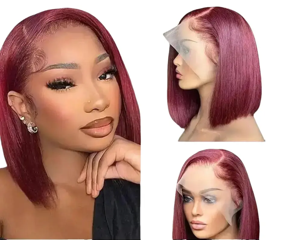 Berryshair Women's Peruvian 99J Burgundy Red Silky Human Hair Wig, 5x5 Lace Front Short Bob, Transparent Glueless Human Hair Wig for Daily Wear, Human Hair Silky
