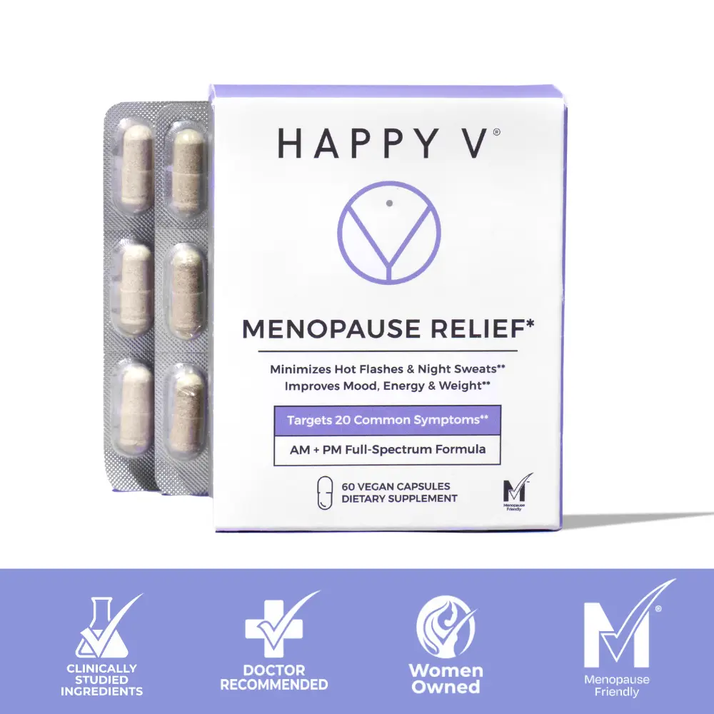Happy V Menopause Relief AM + PM Capsules for Hot Flashes Night Sweats Mood Support Natural Supplement