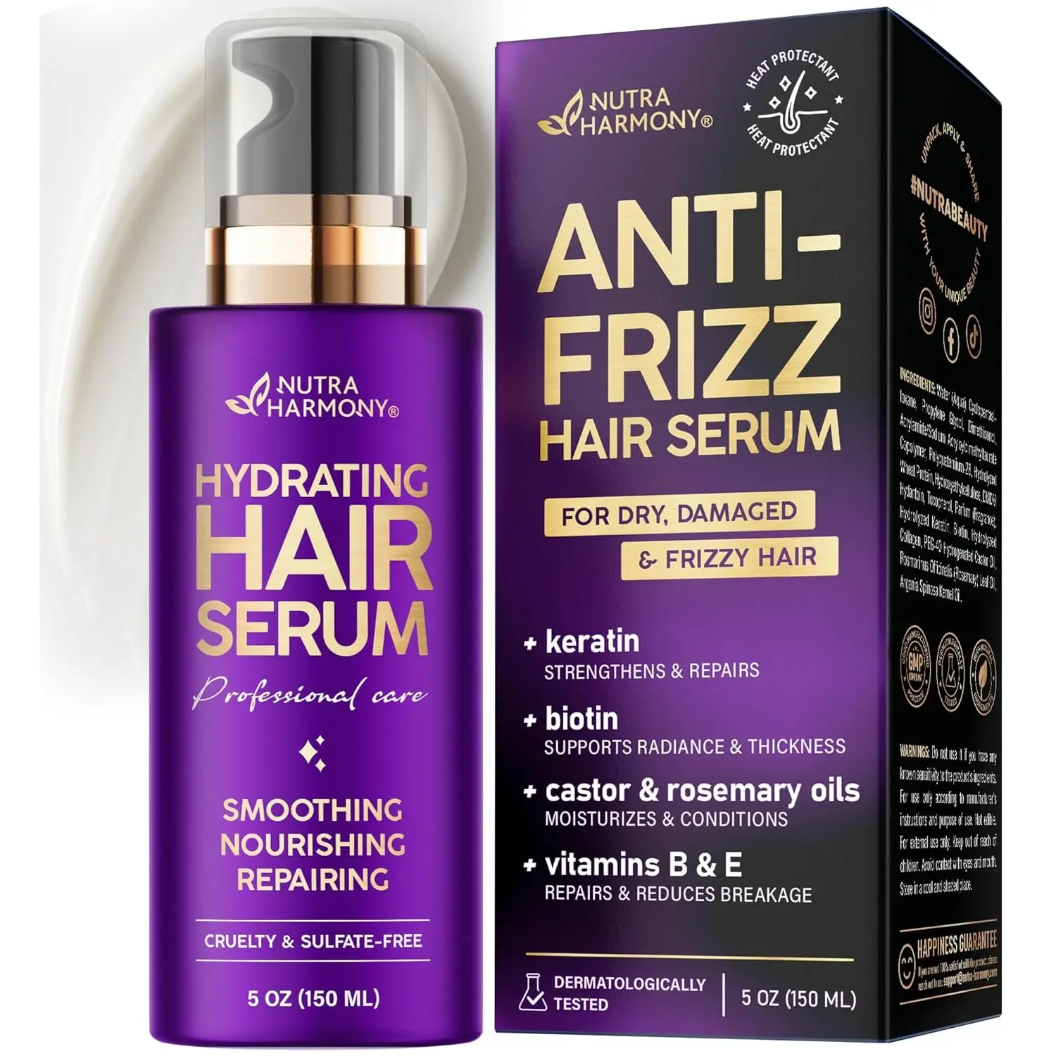 Hydrating Hair Serum For Frizzy, Dry and Damaged Hair - Leave-In Conditioner with Keratin | Biotin | Castor & Rosemary Oils | Vitamins B & E Treatment - Heat Protection - Paraben & Sulfate Free