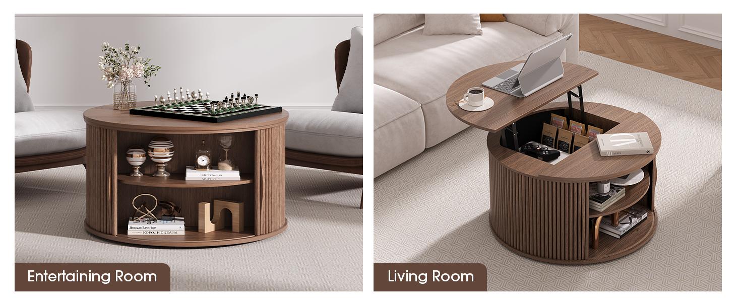 31.5" Round Lift Top Coffee Table, Mid Century Modern Walnut Center Table with Hidden Storage, Fluted Drum Wood Table for Small Living Room Apartment