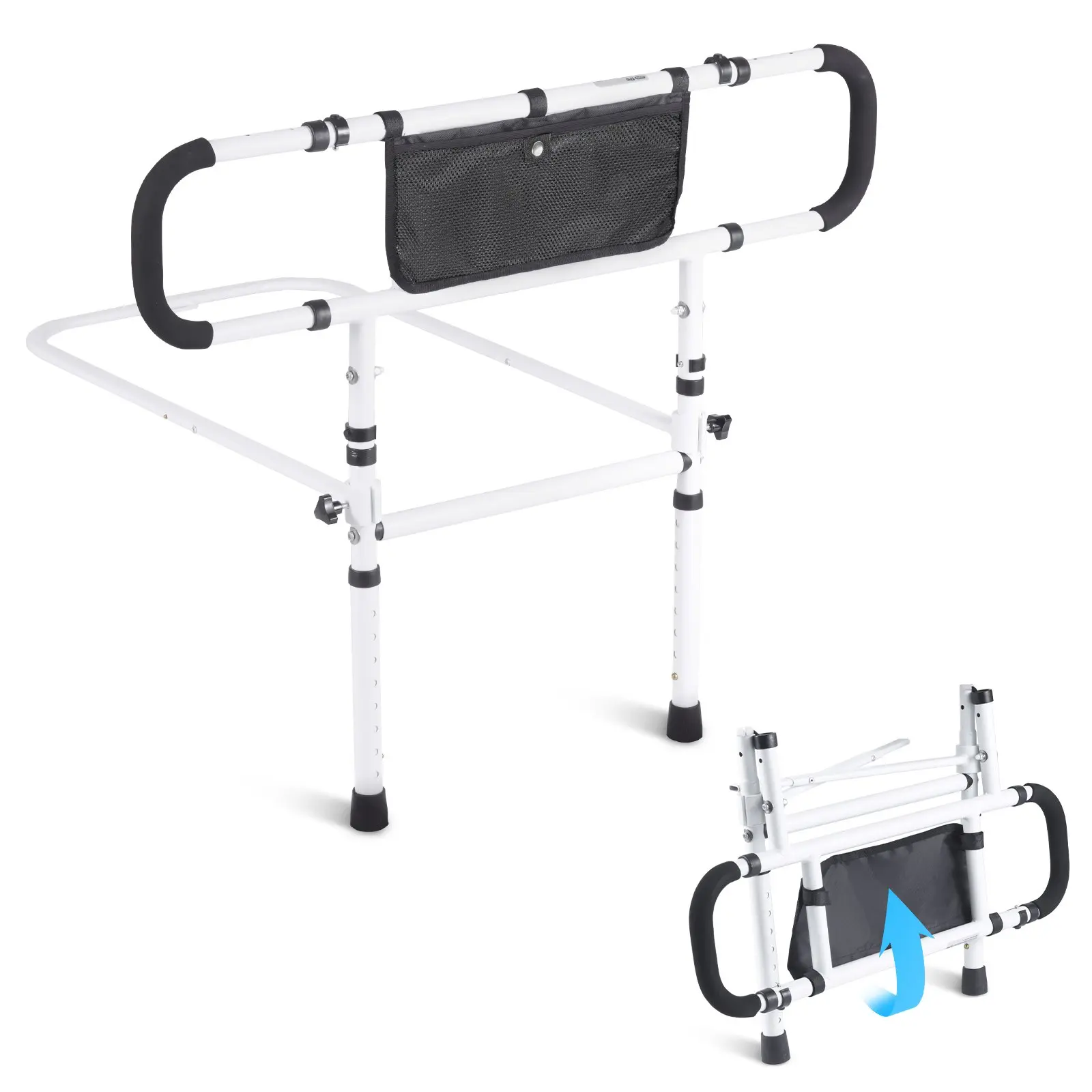 【Summerfinds】VEVOR Bed Rails for Elderly Adults, 180 °   Foldable Bed Assist Rails for Seniors, 450LBS Loading Bed Side Rails Bed Cane with 4-Level Adjustable Handle, Storage Pocket Fits King Queen Full Twin Bed