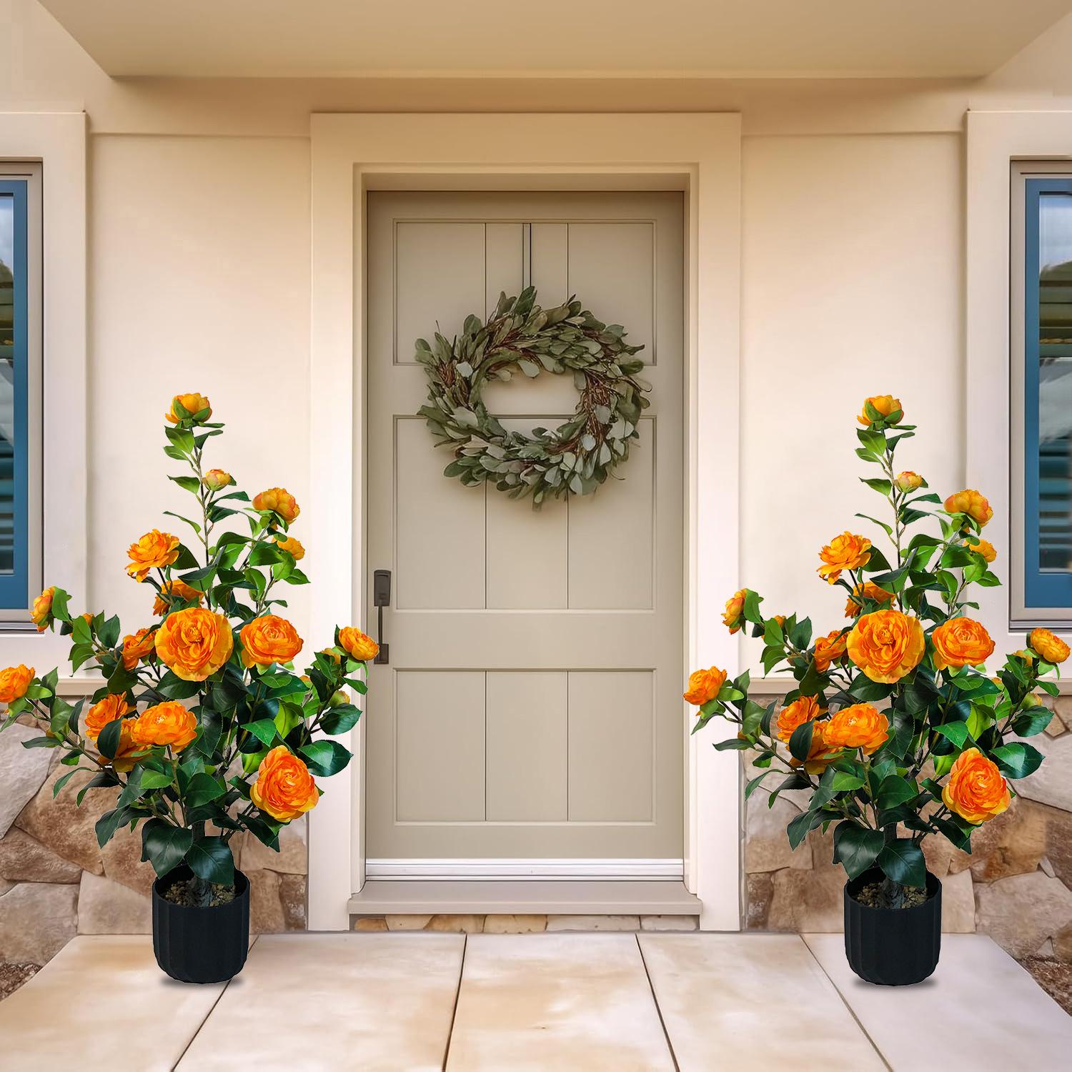 2 Pcs 3-foot Camellia Tree with Decorative Pebbles, Flower Pot, 24 Realistic Flowers, 188 Leaves for Indoor, outdoor courtyard Home Decor